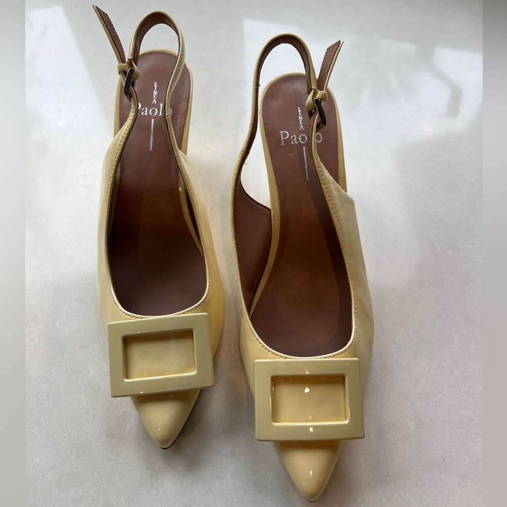 Paolo Cream Patent Leather Pointed Toe Slingback Wedges